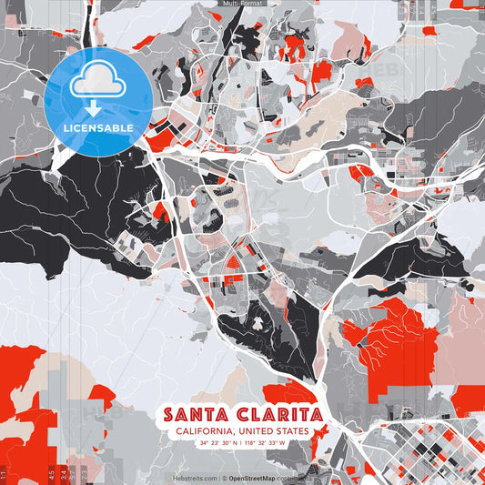 Santa Clarita, California, United States - modern street map poster template with gray and red tones