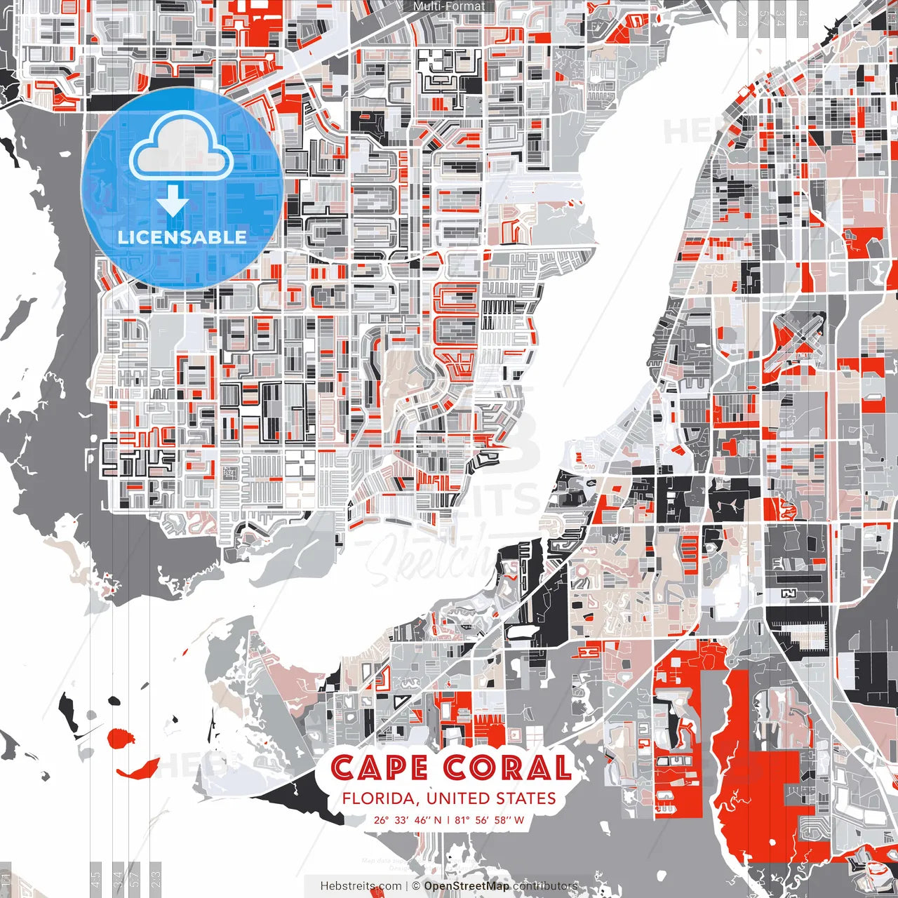 Cape Coral, Florida, United States - modern street map poster template with gray and red tones