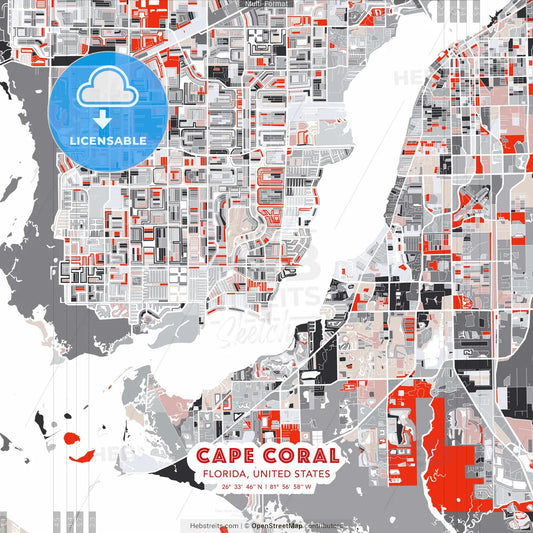Cape Coral, Florida, United States - modern street map poster template with gray and red tones