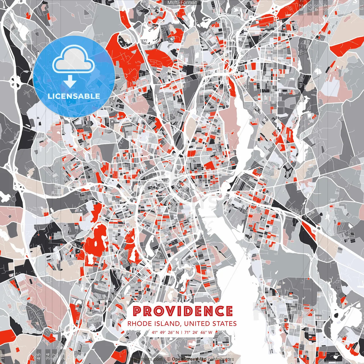 Providence, Rhode Island, United States - modern street map poster template with gray and red tones