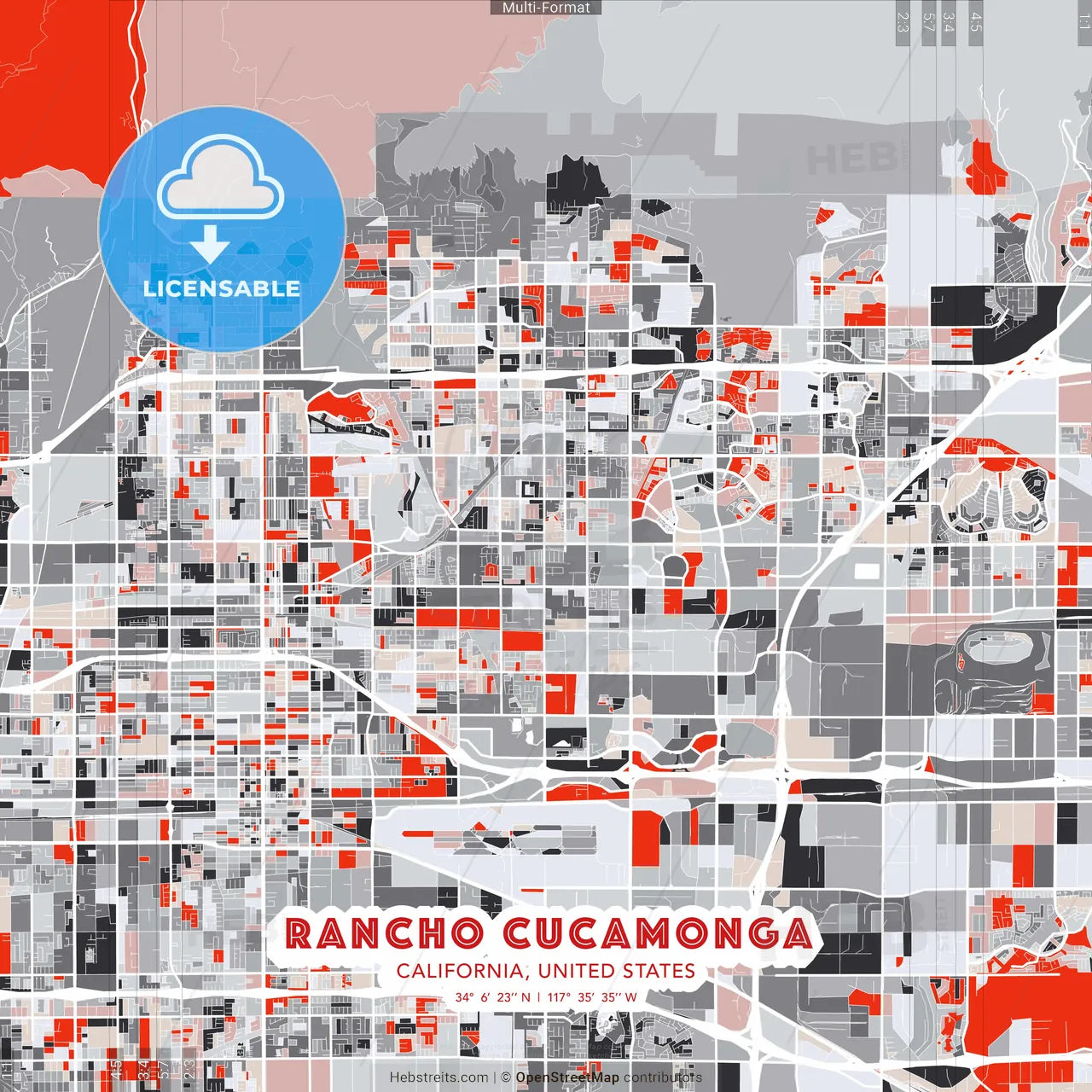 Rancho Cucamonga, California, United States - modern street map poster template with gray and red tones