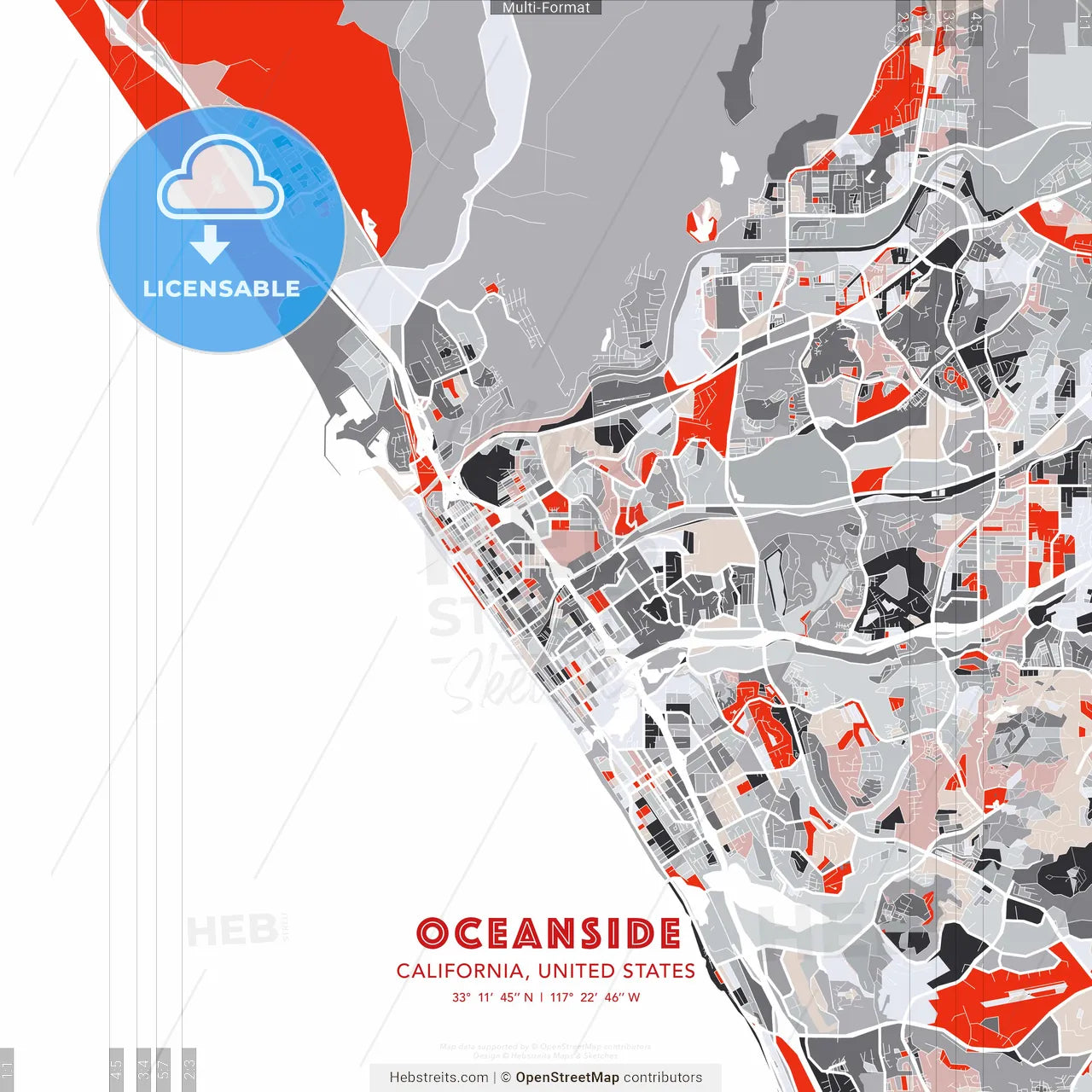 Oceanside, California, United States - modern street map poster template with gray and red tones