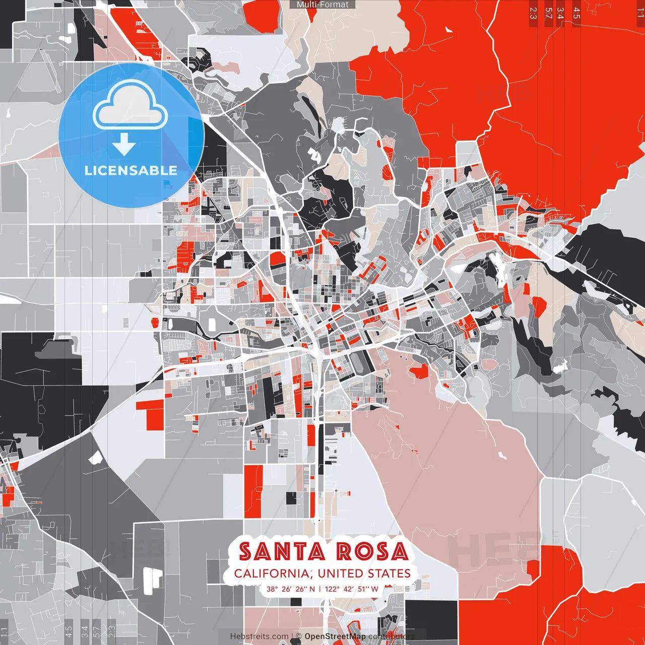 Santa Rosa, California, United States - modern street map poster template with gray and red tones