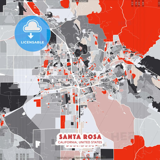 Santa Rosa, California, United States - modern street map poster template with gray and red tones