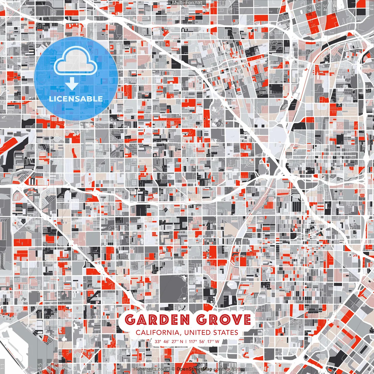 Garden Grove, California, United States - modern street map poster template with gray and red tones