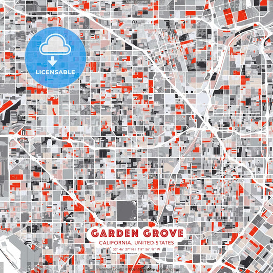 Garden Grove, California, United States - modern street map poster template with gray and red tones