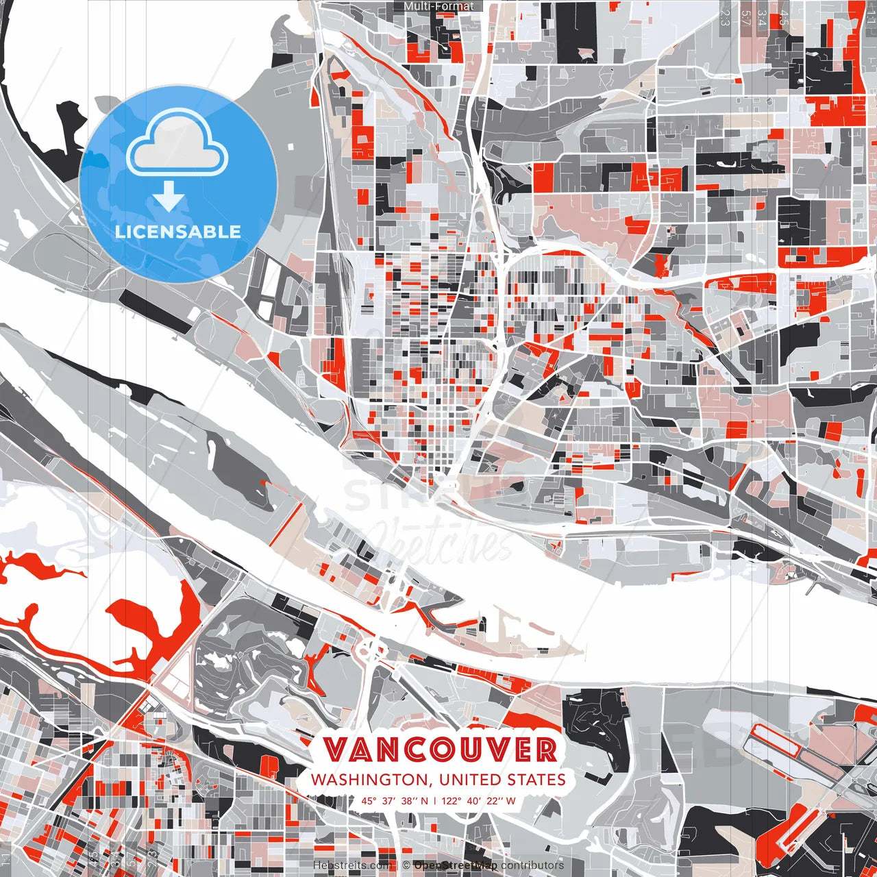 Vancouver, Washington, United States - modern street map poster template with gray and red tones