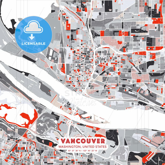 Vancouver, Washington, United States - modern street map poster template with gray and red tones