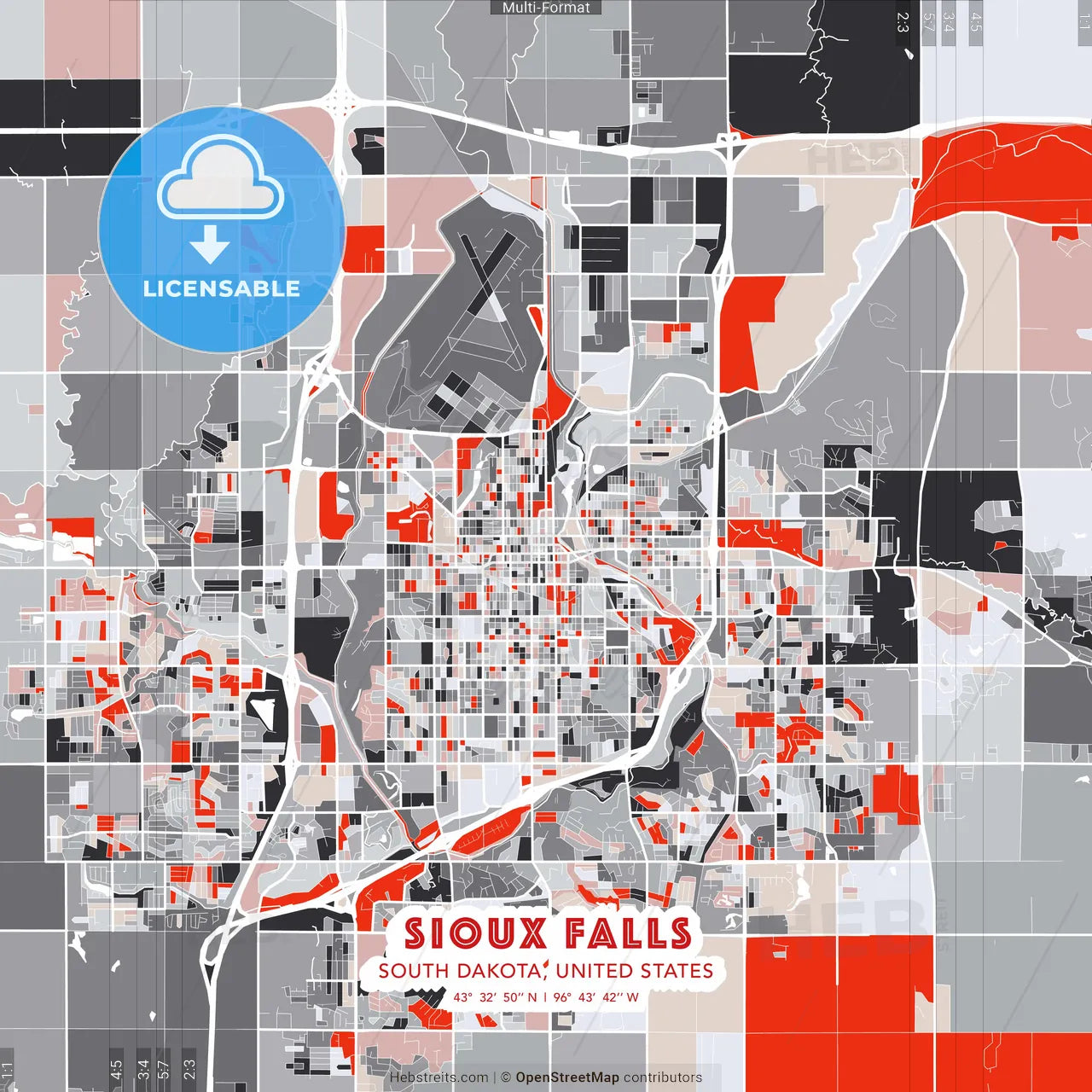 Sioux Falls, South Dakota, United States - modern street map poster template with gray and red tones