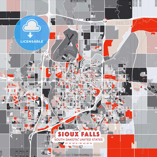 Sioux Falls, South Dakota, United States - modern street map poster template with gray and red tones