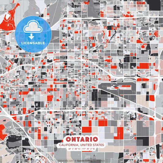 Ontario, California, United States - modern street map poster template with gray and red tones