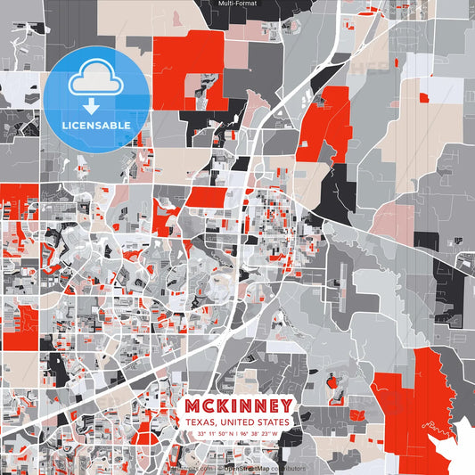 McKinney, Texas, United States - modern street map poster template with gray and red tones