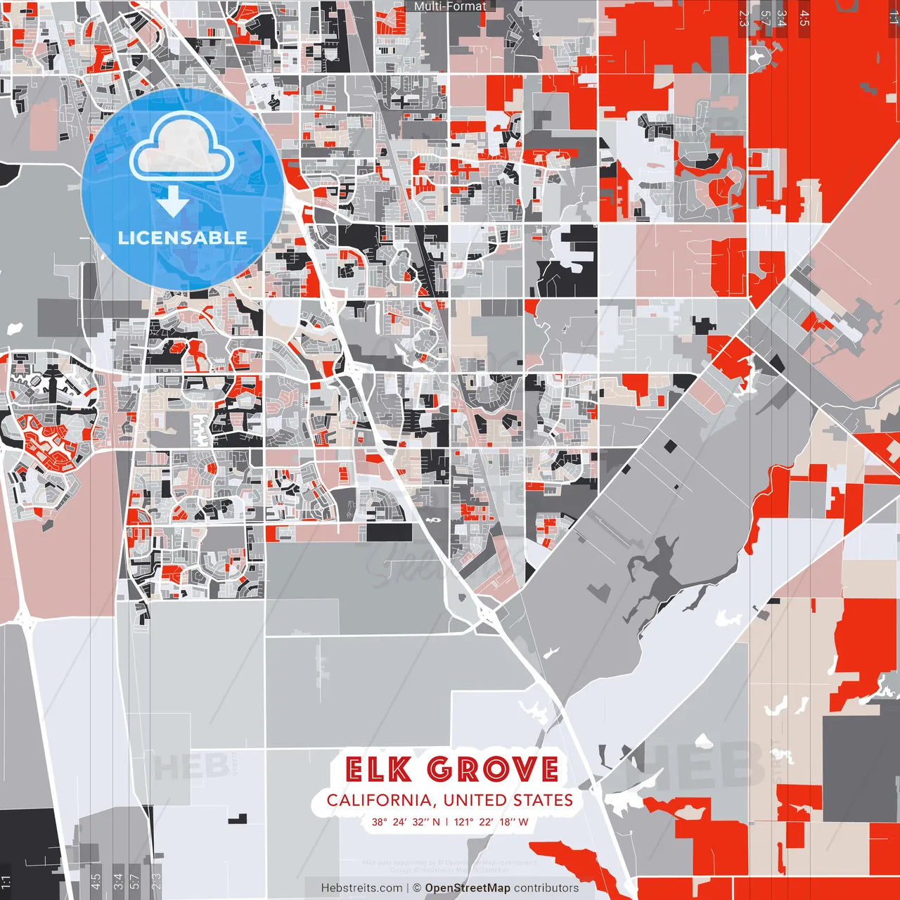 Elk Grove, California, United States - modern street map poster template with gray and red tones