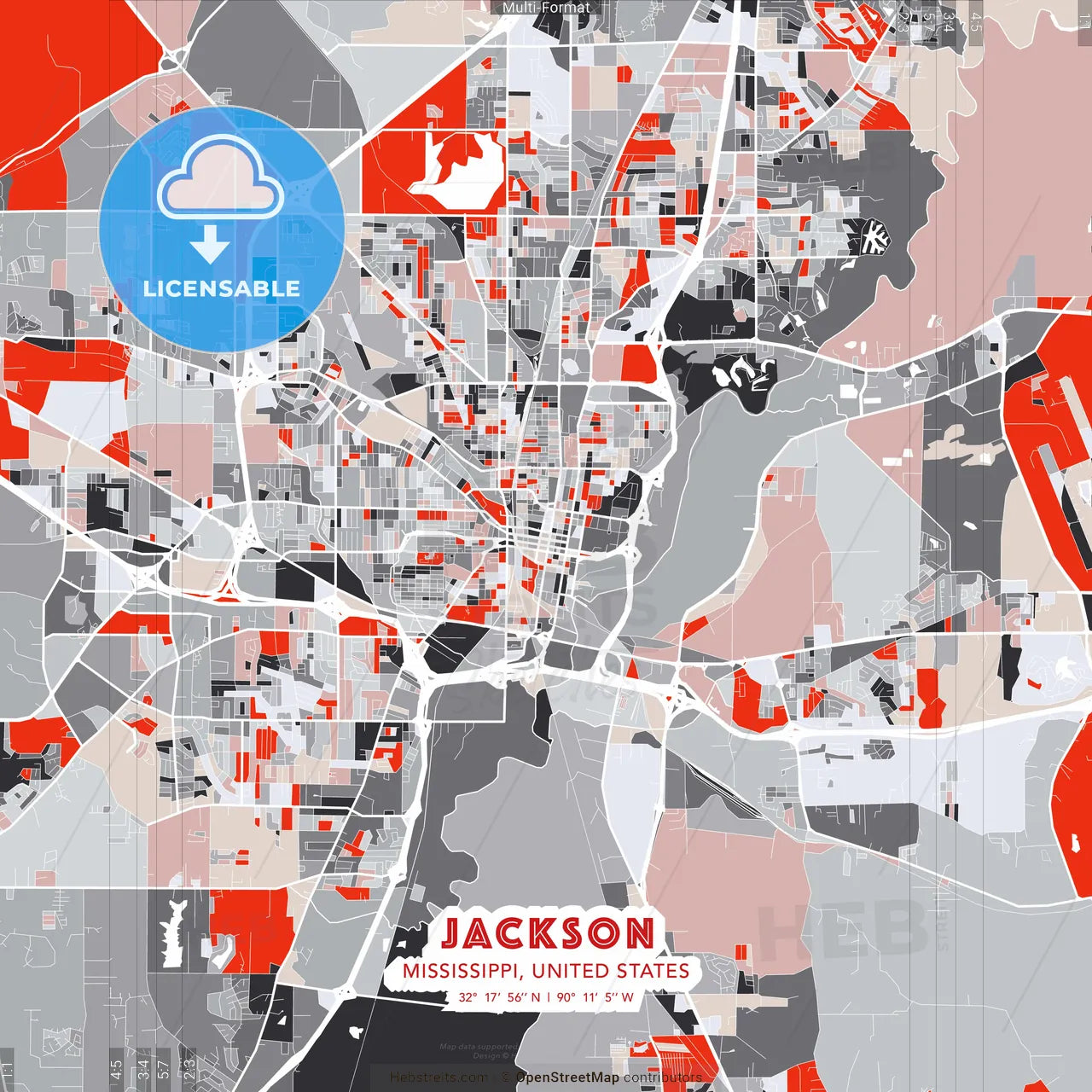 Jackson, Mississippi, United States - modern street map poster template with gray and red tones
