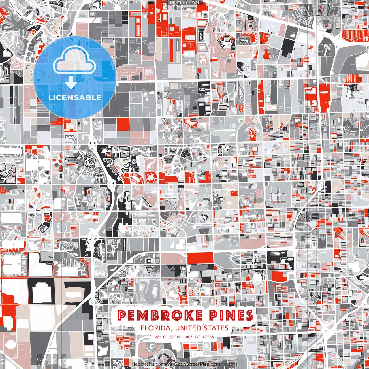 Pembroke Pines, Florida, United States - modern street map poster template with gray and red tones