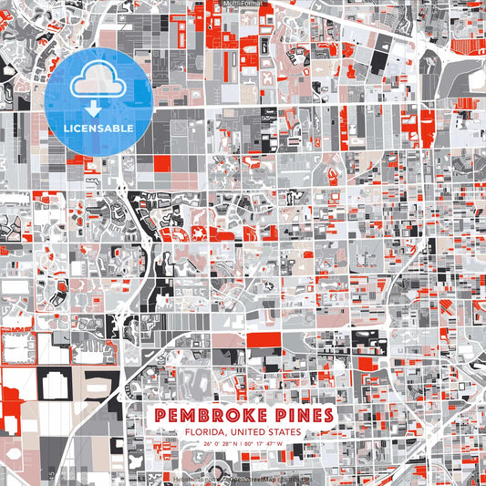 Pembroke Pines, Florida, United States - modern street map poster template with gray and red tones
