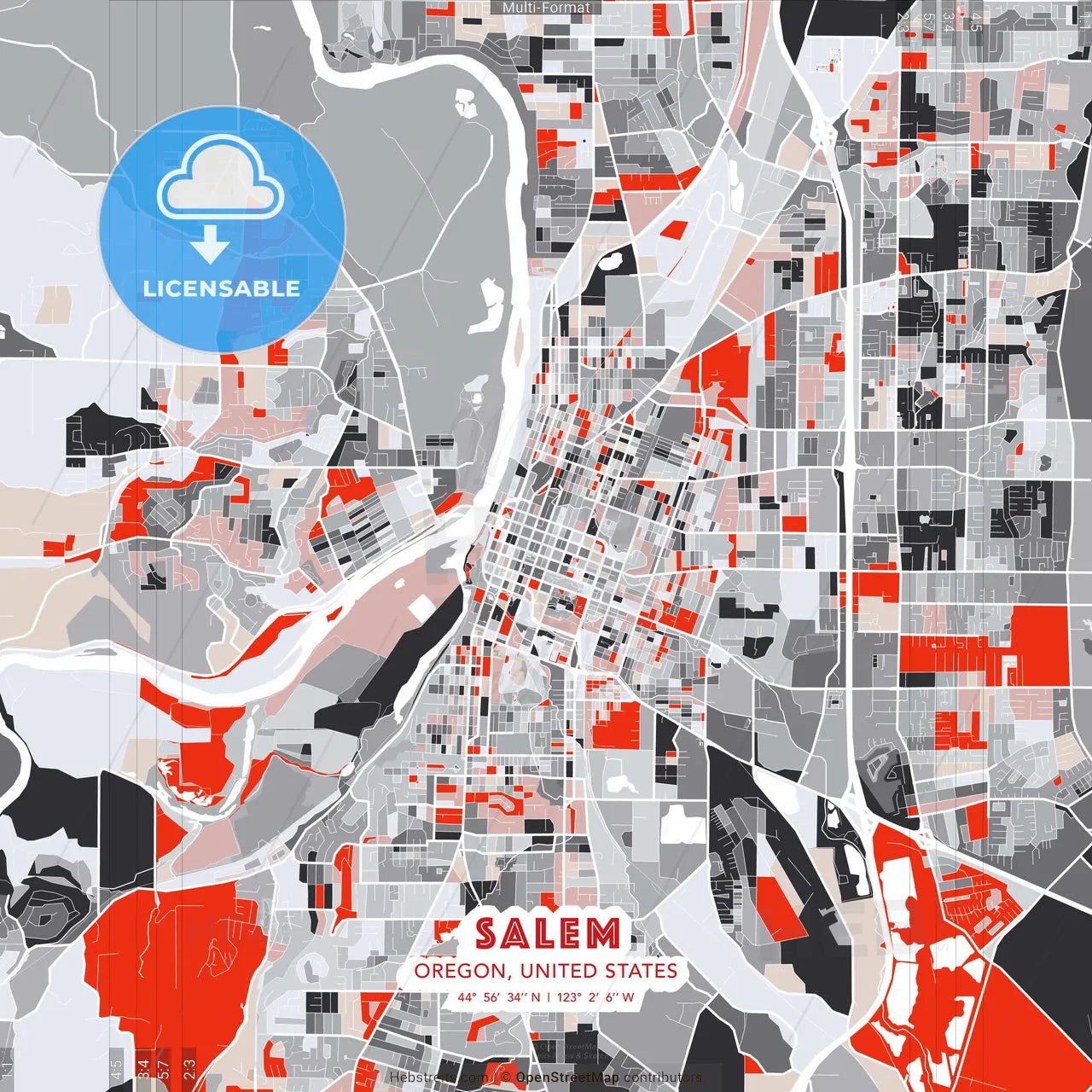Salem, Oregon, United States - modern street map poster template with gray and red tones