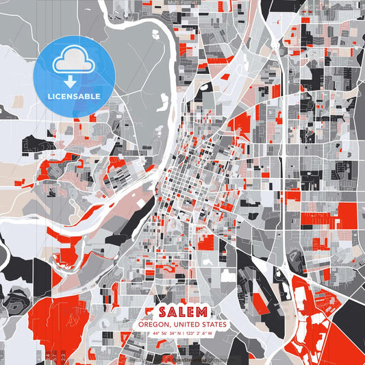 Salem, Oregon, United States - modern street map poster template with gray and red tones