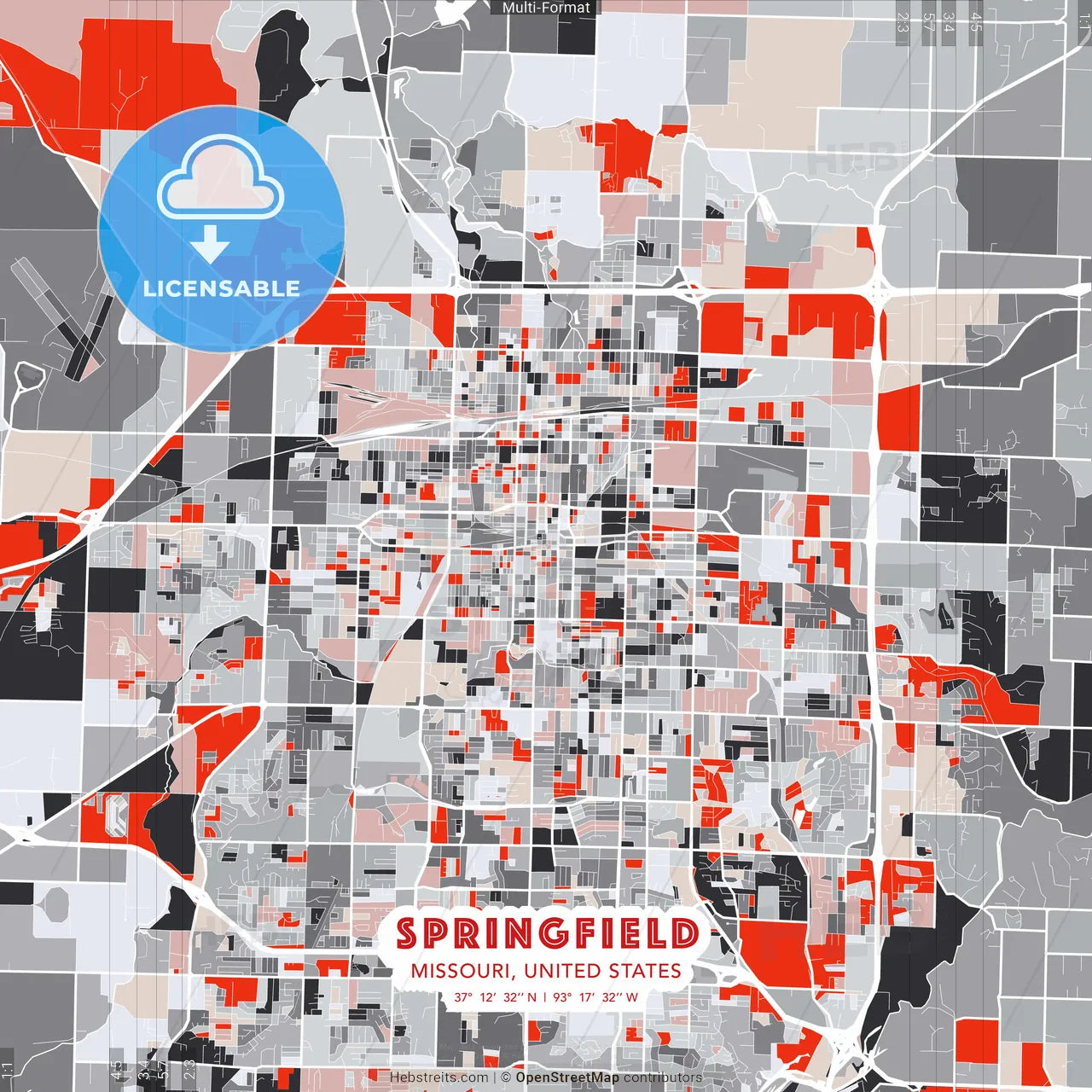 Springfield, Missouri, United States - modern street map poster template with gray and red tones
