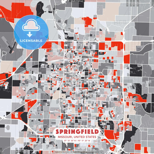 Springfield, Missouri, United States - modern street map poster template with gray and red tones