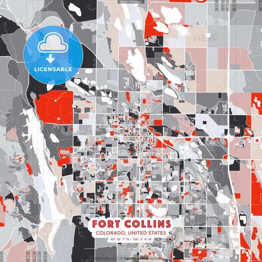 Fort Collins, Colorado, United States - modern street map poster template with gray and red tones