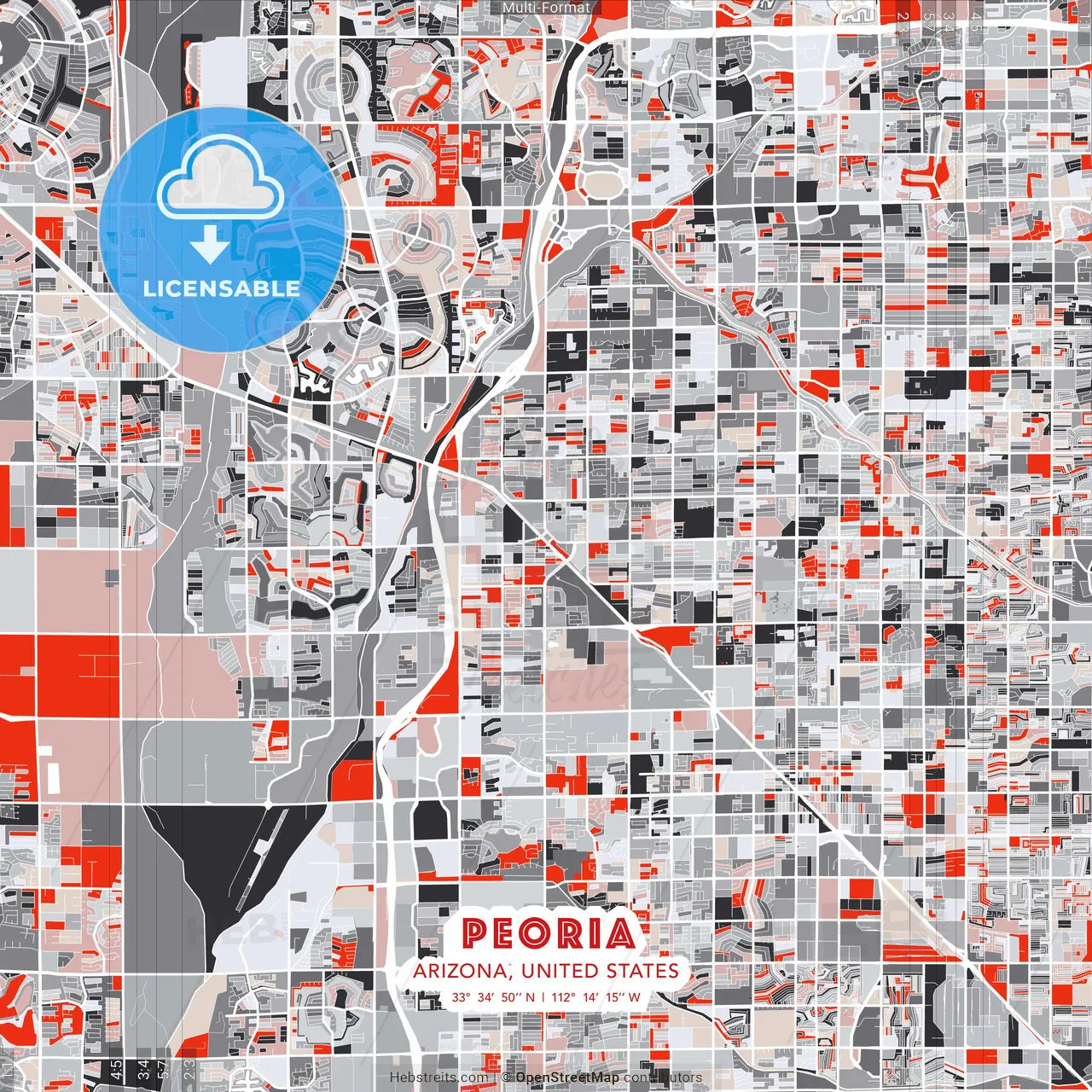 Peoria, Arizona, United States - modern street map poster template with gray and red tones