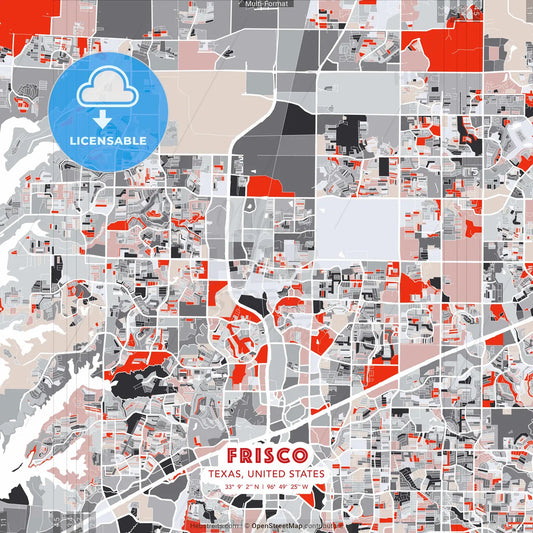 Frisco, Texas, United States - modern street map poster template with gray and red tones