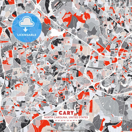 Cary, North Carolina, United States - modern street map poster template with gray and red tones