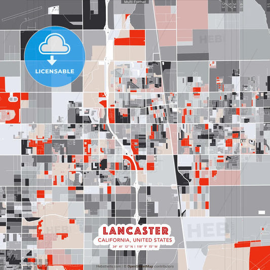 Lancaster, California, United States - modern street map poster template with gray and red tones