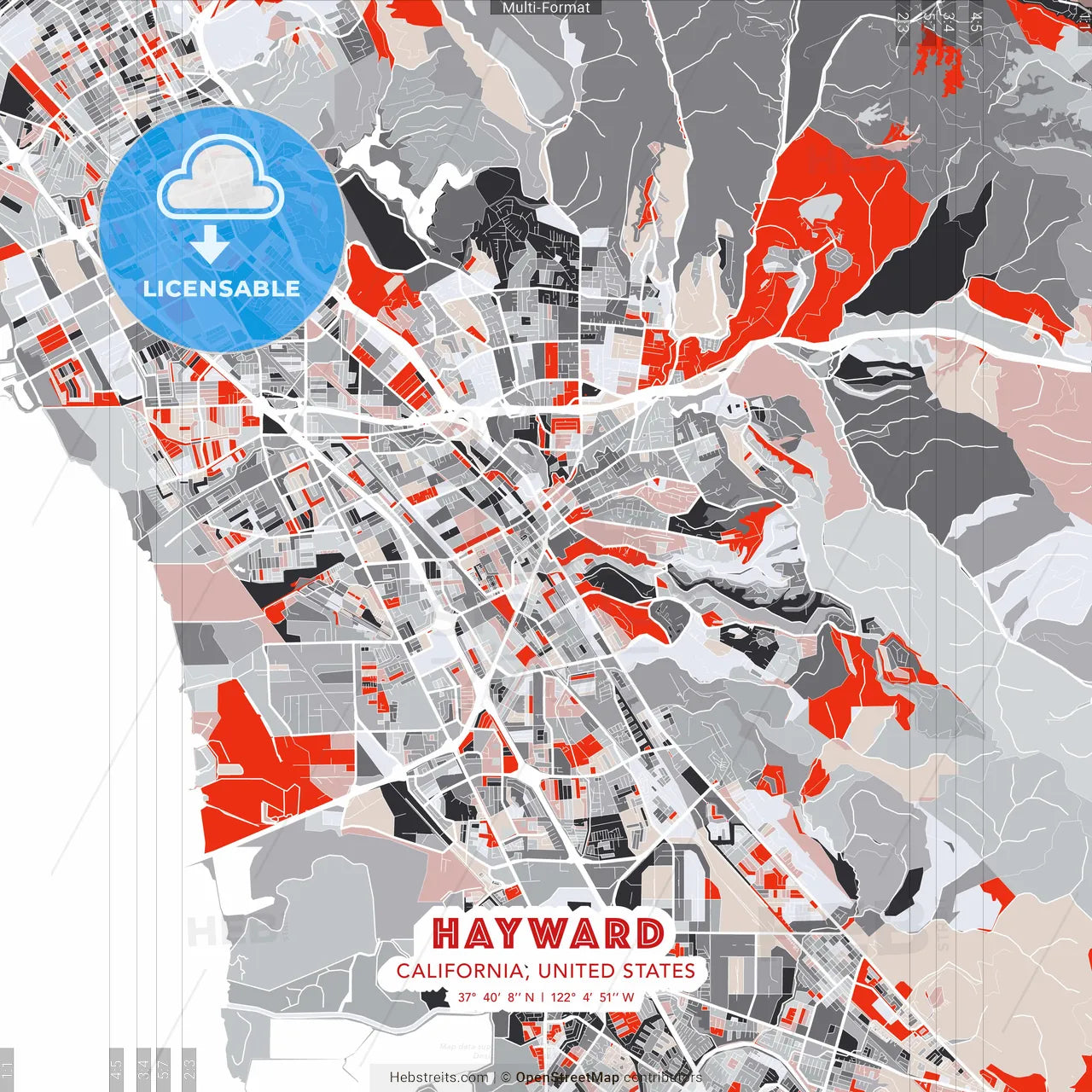 Hayward, California, United States - modern street map poster template with gray and red tones