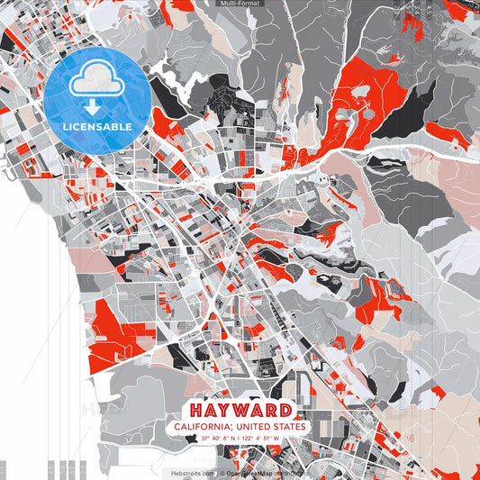 Hayward, California, United States - modern street map poster template with gray and red tones