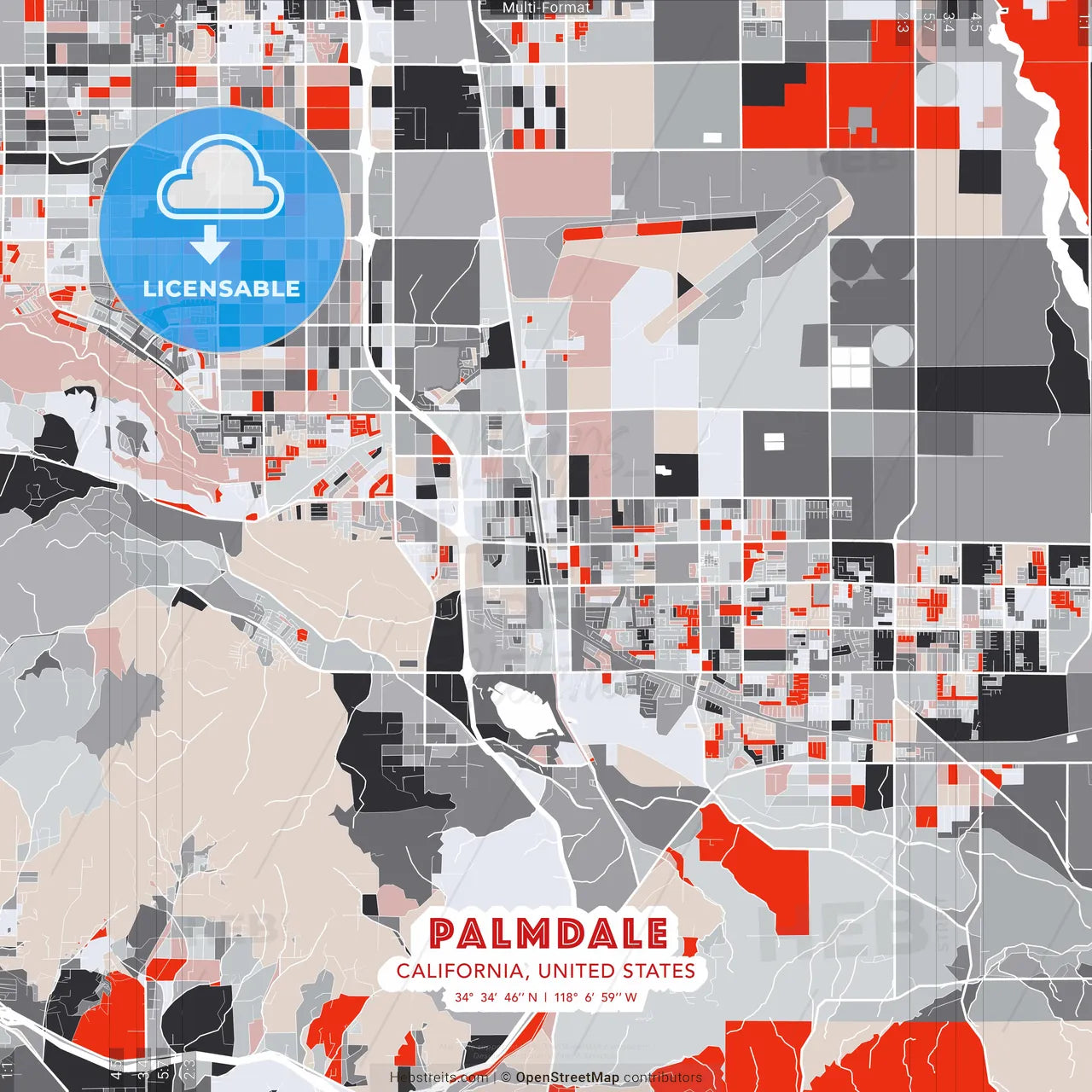 Palmdale, California, United States - modern street map poster template with gray and red tones