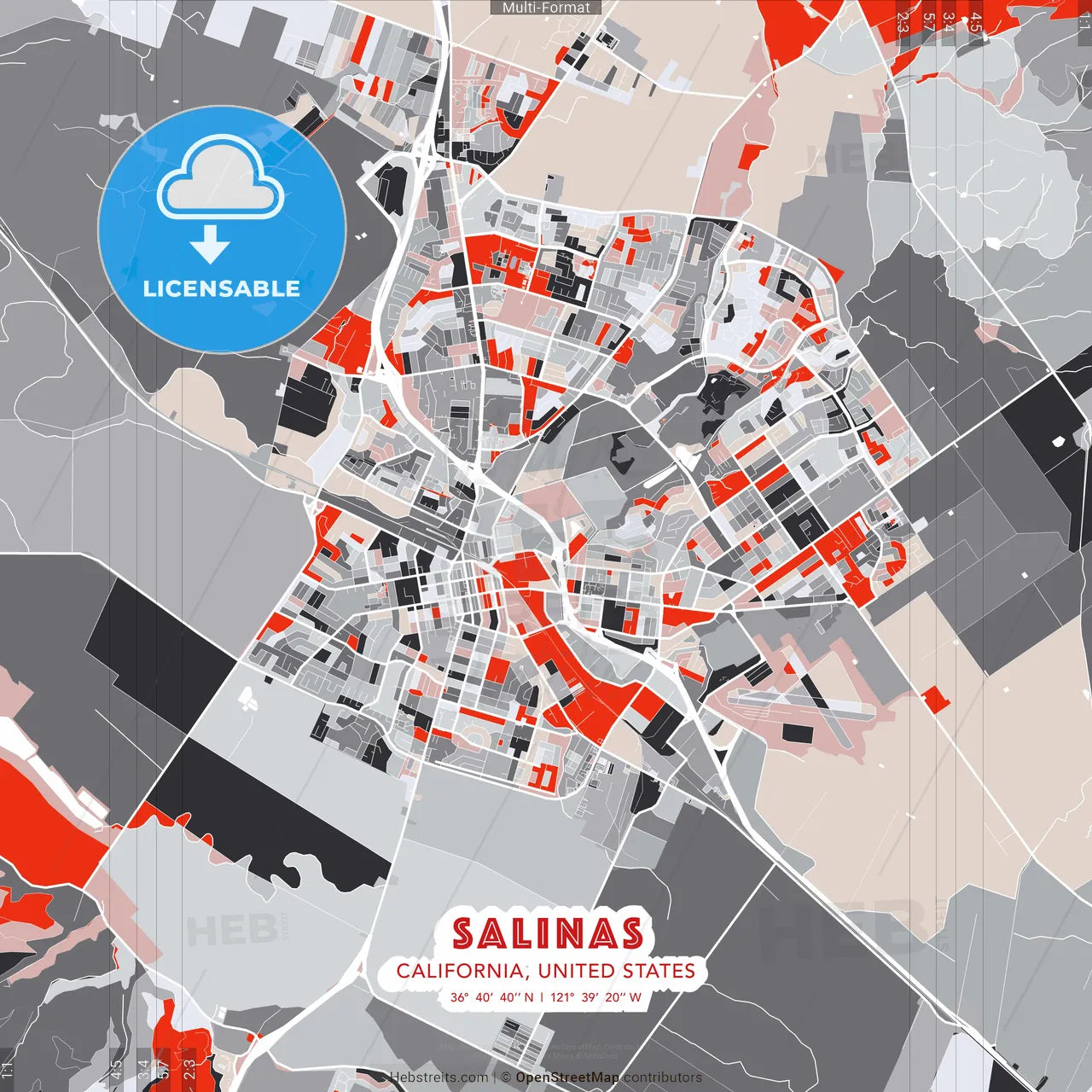 Salinas, California, United States - modern street map poster template with gray and red tones