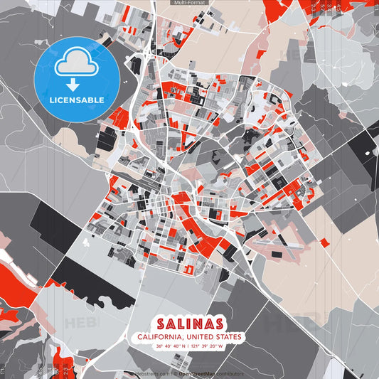 Salinas, California, United States - modern street map poster template with gray and red tones