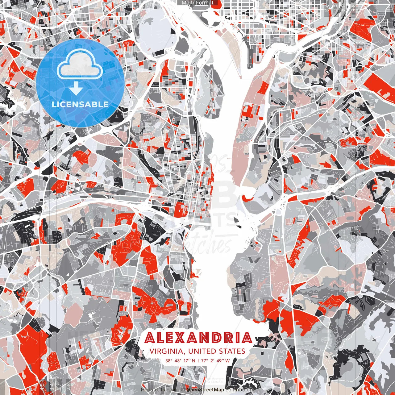 Alexandria, Virginia, United States - modern street map poster template with gray and red tones