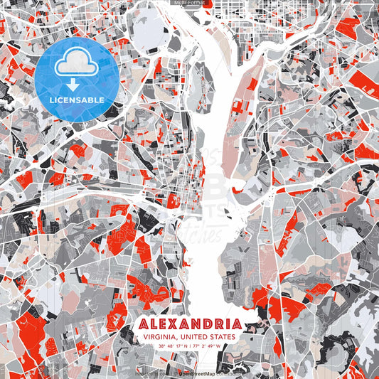 Alexandria, Virginia, United States - modern street map poster template with gray and red tones