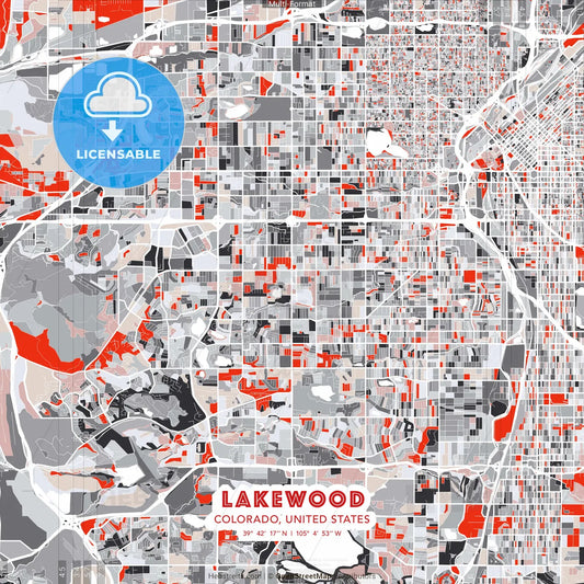 Lakewood, Colorado, United States - modern street map poster template with gray and red tones
