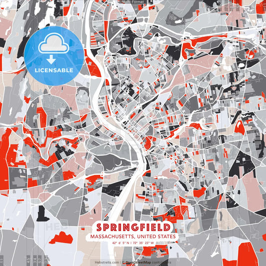 Springfield, Massachusetts, United States - modern street map poster template with gray and red tones
