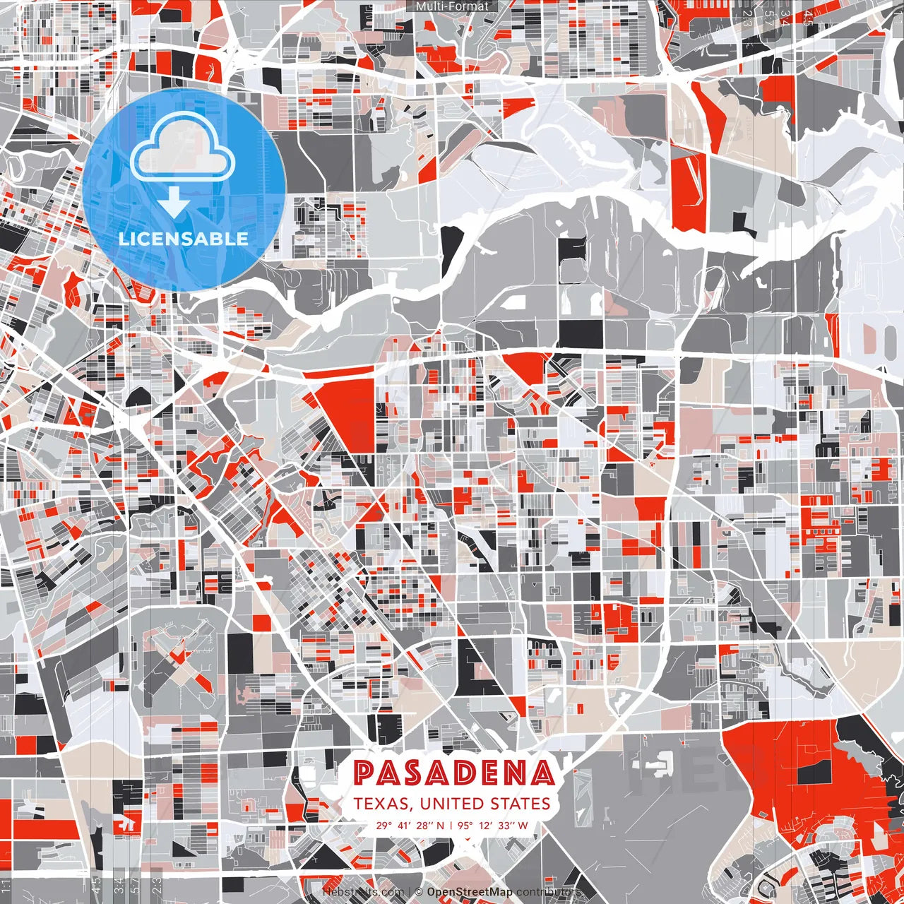 Pasadena, Texas, United States - modern street map poster template with gray and red tones