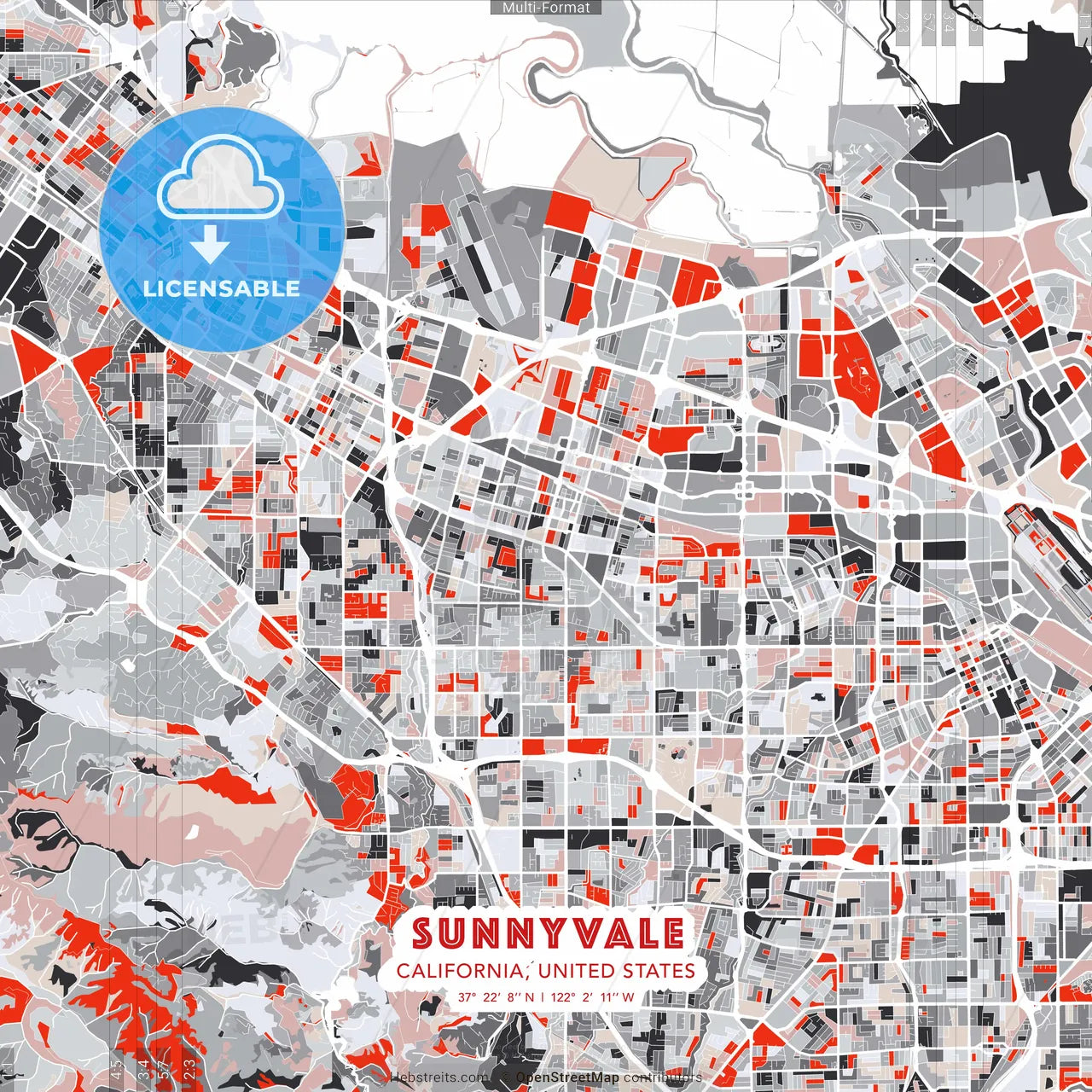 Sunnyvale, California, United States - modern street map poster template with gray and red tones