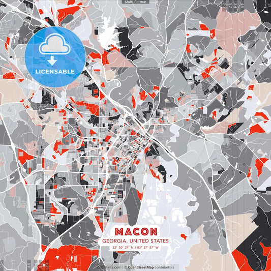 Macon, Georgia, United States - modern street map poster template with gray and red tones