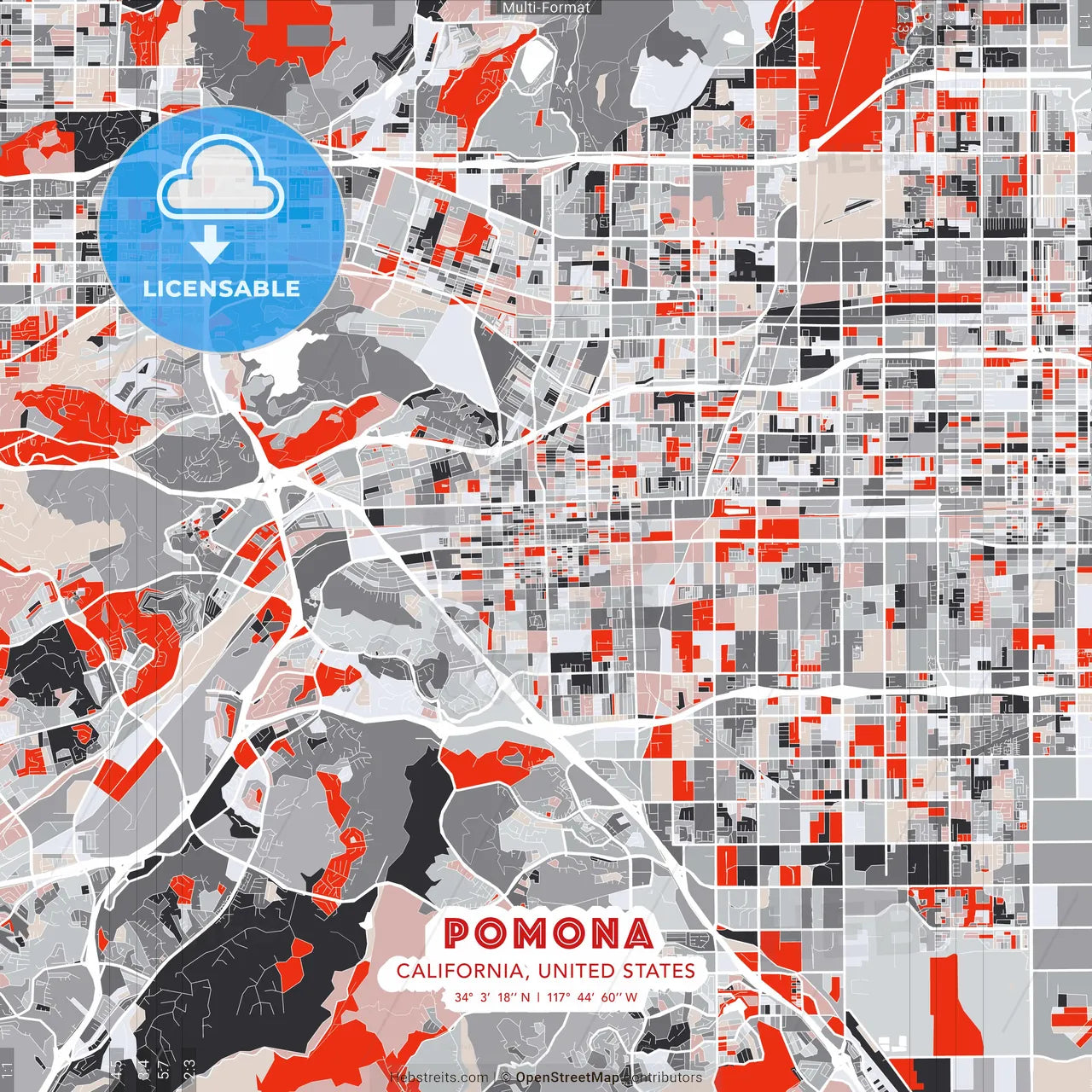 Pomona, California, United States - modern street map poster template with gray and red tones