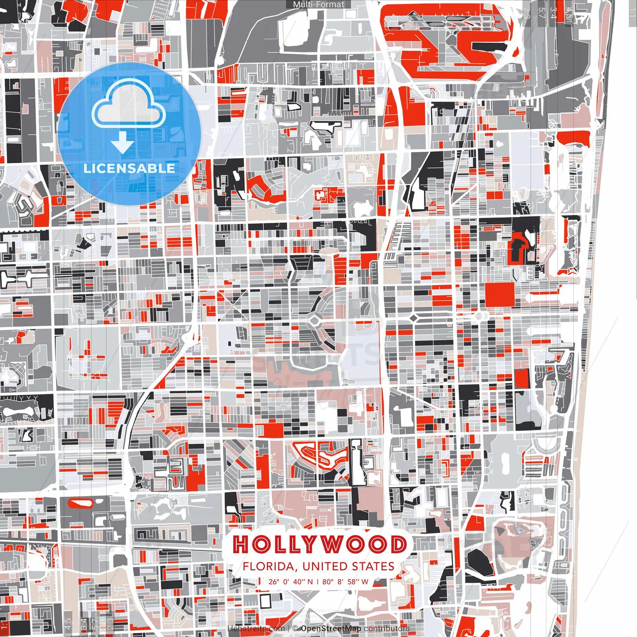 Hollywood, Florida, United States - modern street map poster template with gray and red tones
