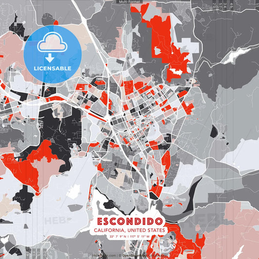 Escondido, California, United States - modern street map poster template with gray and red tones