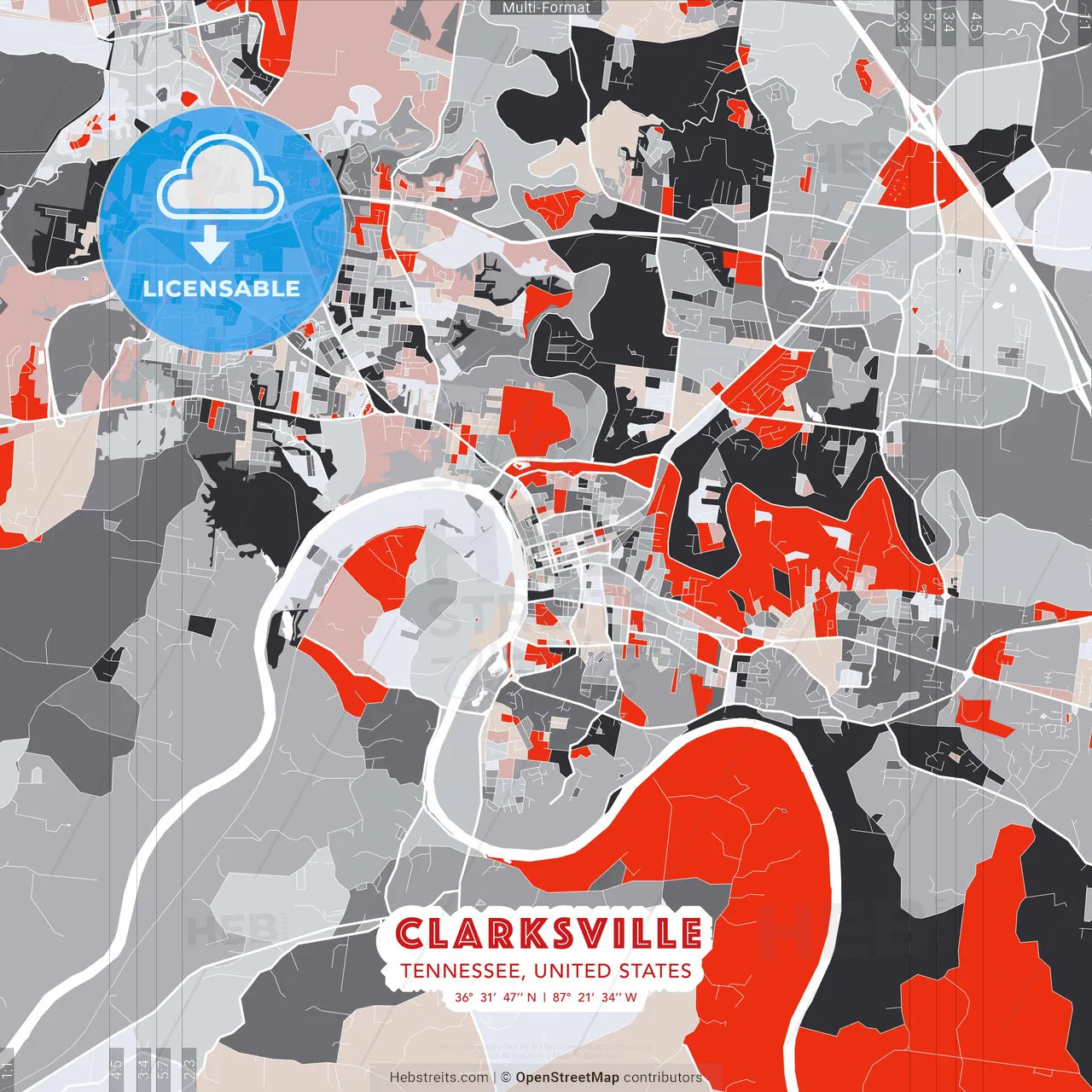 Clarksville, Tennessee, United States - modern street map poster template with gray and red tones