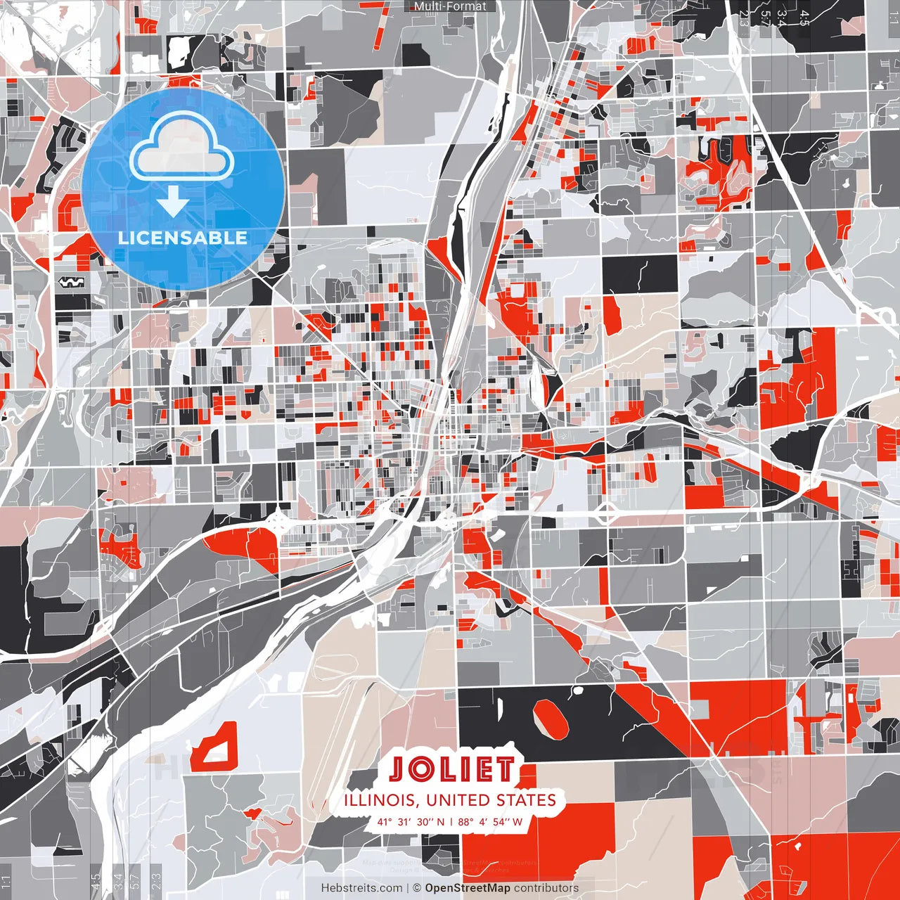 Joliet, Illinois, United States - modern street map poster template with gray and red tones
