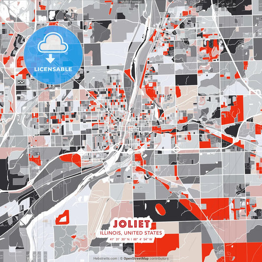 Joliet, Illinois, United States - modern street map poster template with gray and red tones