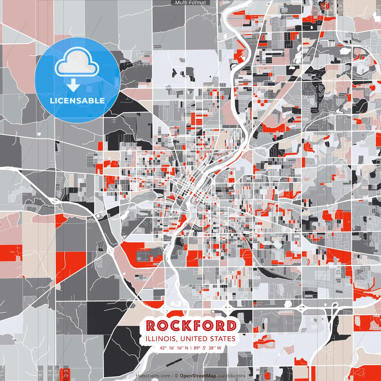 Rockford, Illinois, United States - modern street map poster template with gray and red tones