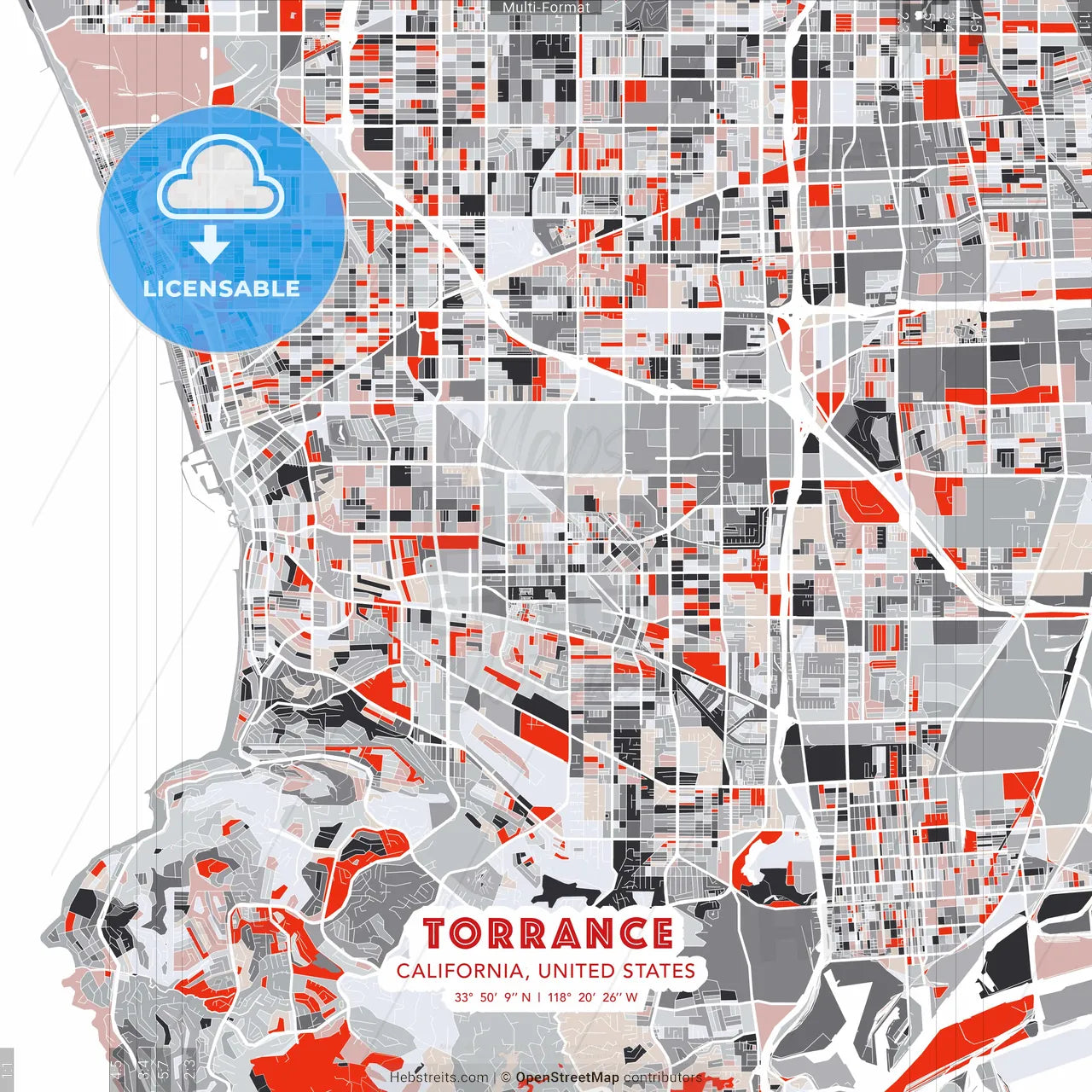 Torrance, California, United States - modern street map poster template with gray and red tones