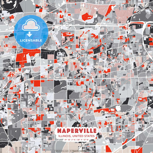Naperville, Illinois, United States - modern street map poster template with gray and red tones